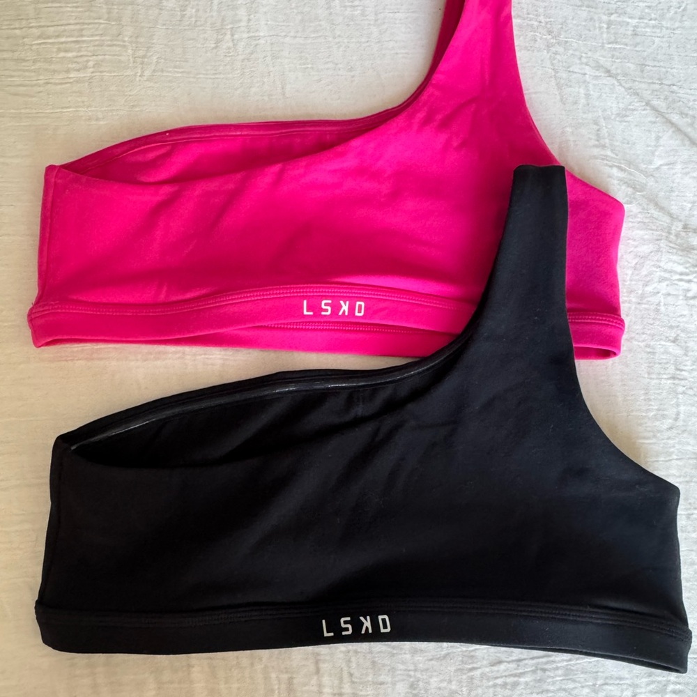 LSKD Medium One-Shoulder Sports Bras - Pink and Black